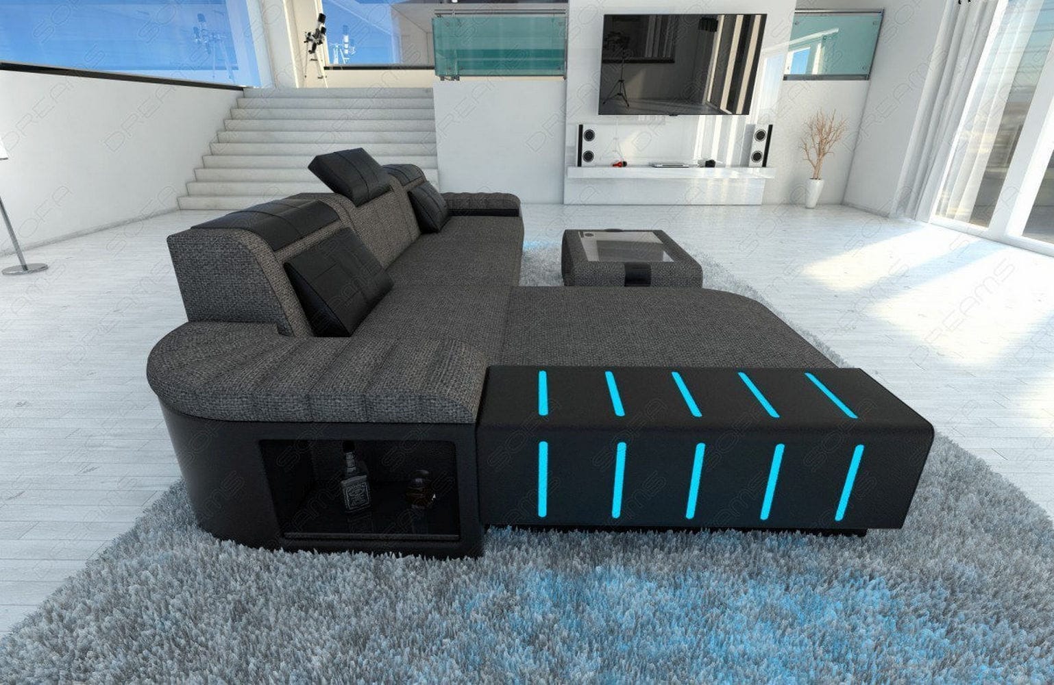 Leder-Stoff Couch Bellagio L-Form mit LED Grau-Schwarz