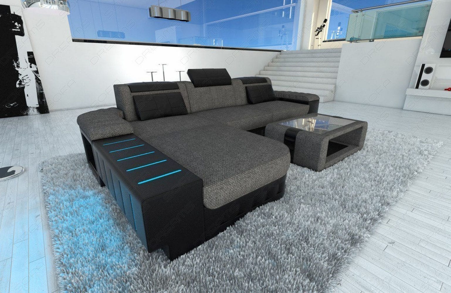 Leder-Stoff Couch Bellagio L-Form mit LED Grau-Schwarz