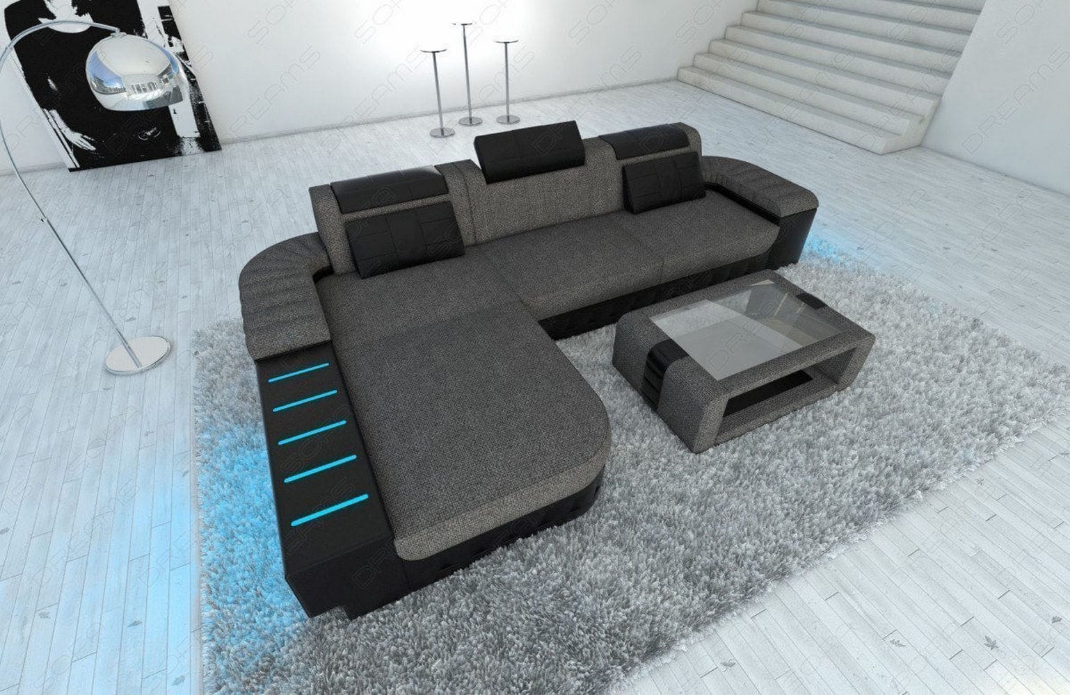 Leder-Stoff Couch Bellagio L-Form mit LED Grau-Schwarz