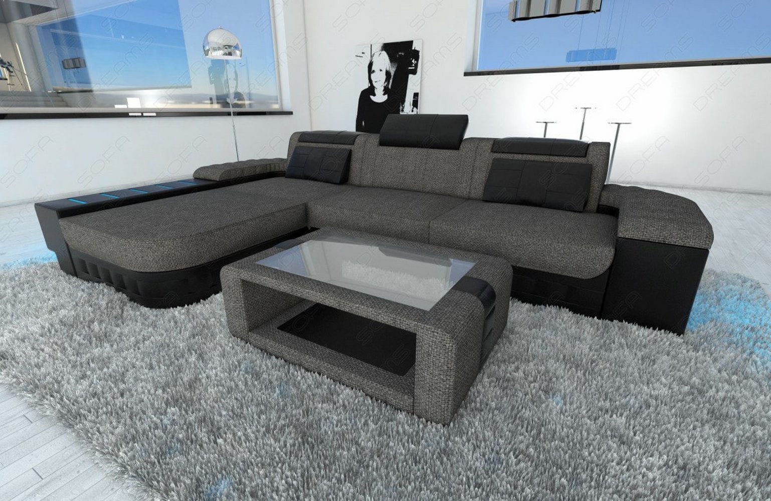Leder-Stoff Couch Bellagio L-Form mit LED Grau-Schwarz