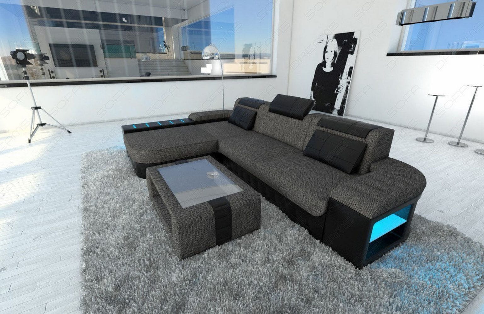 Leder-Stoff Couch Bellagio L-Form mit LED Grau-Schwarz
