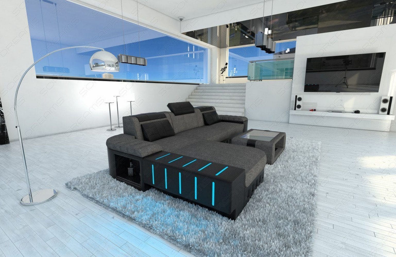 Leder-Stoff Couch Bellagio L-Form mit LED Grau-Schwarz