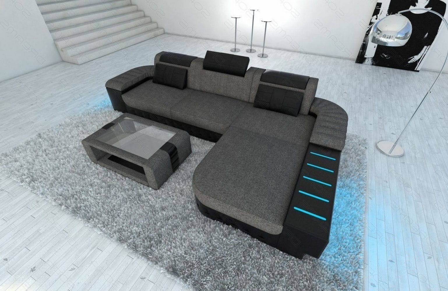 Leder-Stoff Couch Bellagio L-Form mit LED Grau-Schwarz