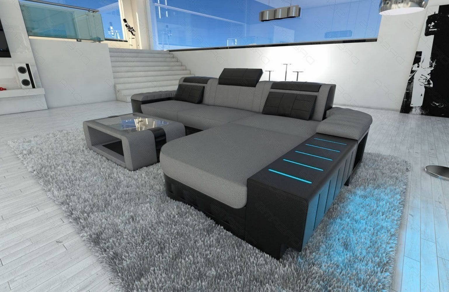Leder-Stoff Couch Bellagio L-Form mit LED Hellgrau-Schwarz