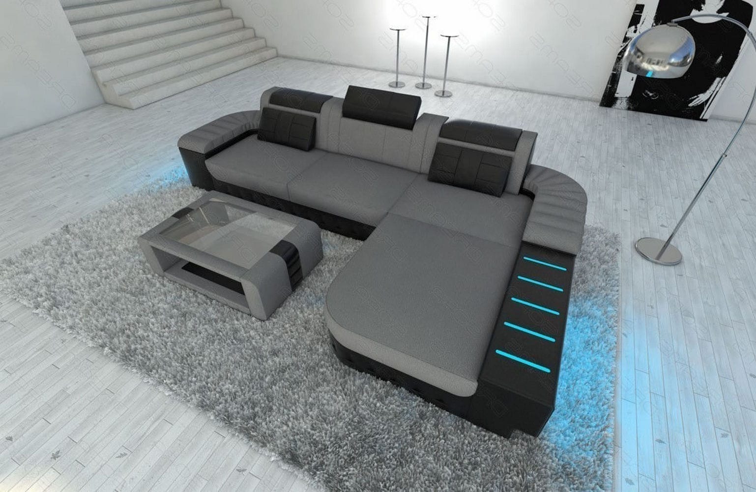 Leder-Stoff Couch Bellagio L-Form mit LED Hellgrau-Schwarz