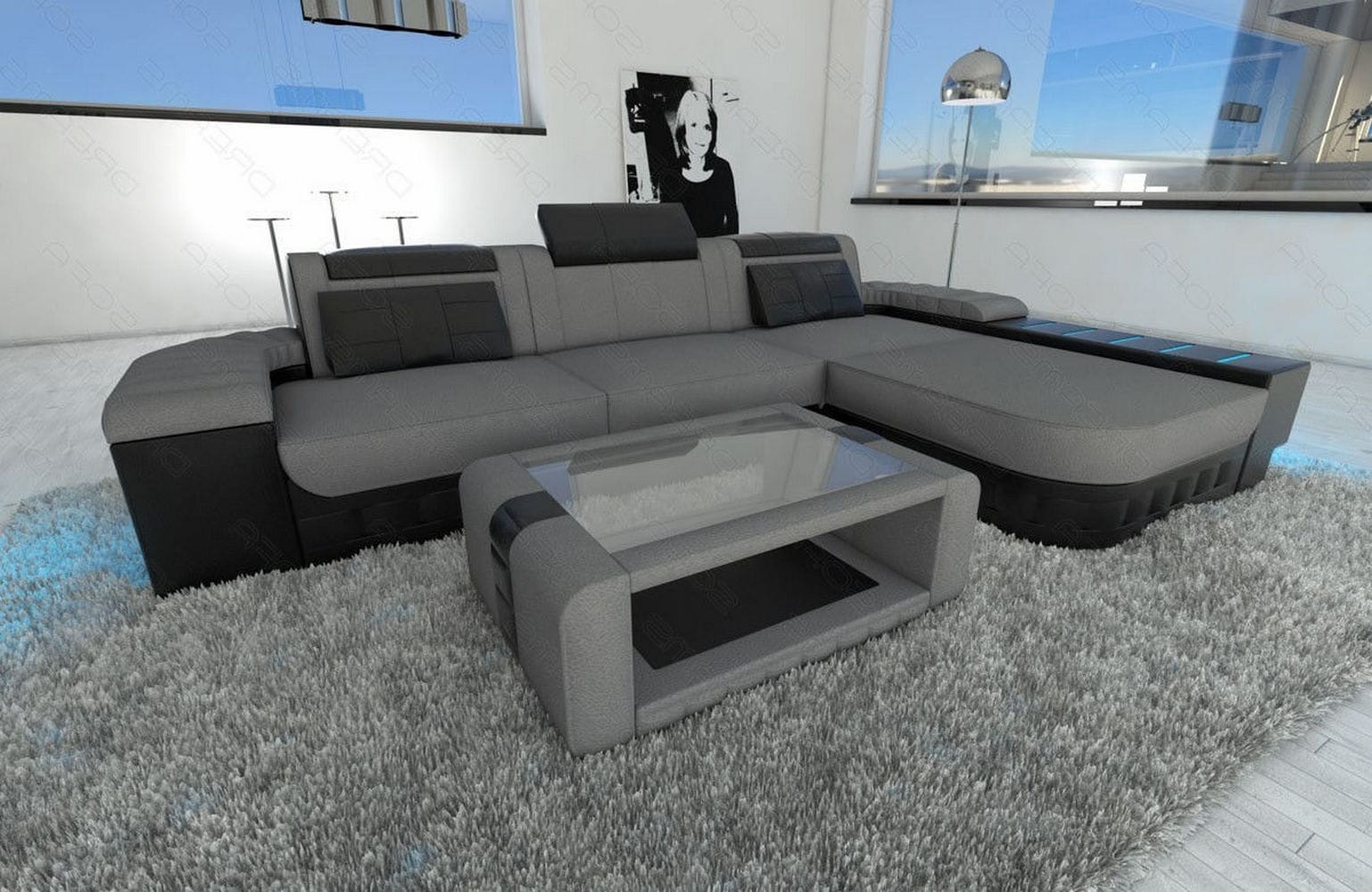 Leder-Stoff Couch Bellagio L-Form mit LED Hellgrau-Schwarz