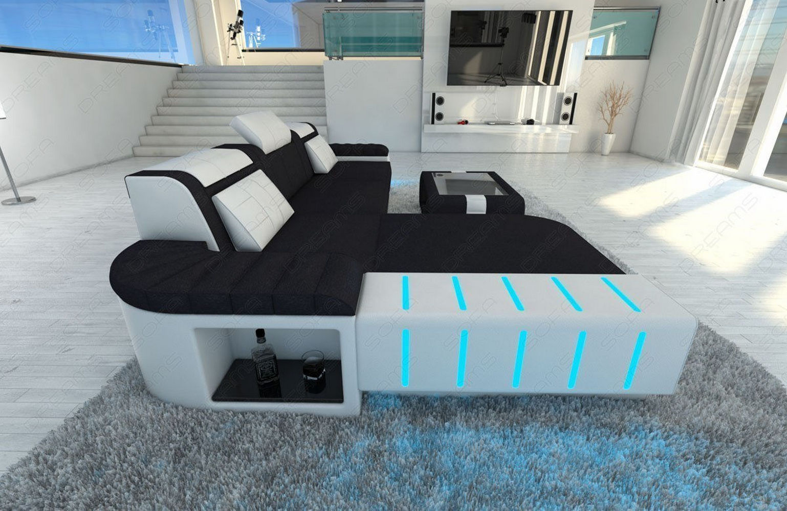 Leder-Stoff Couch Bellagio L-Form mit LED
