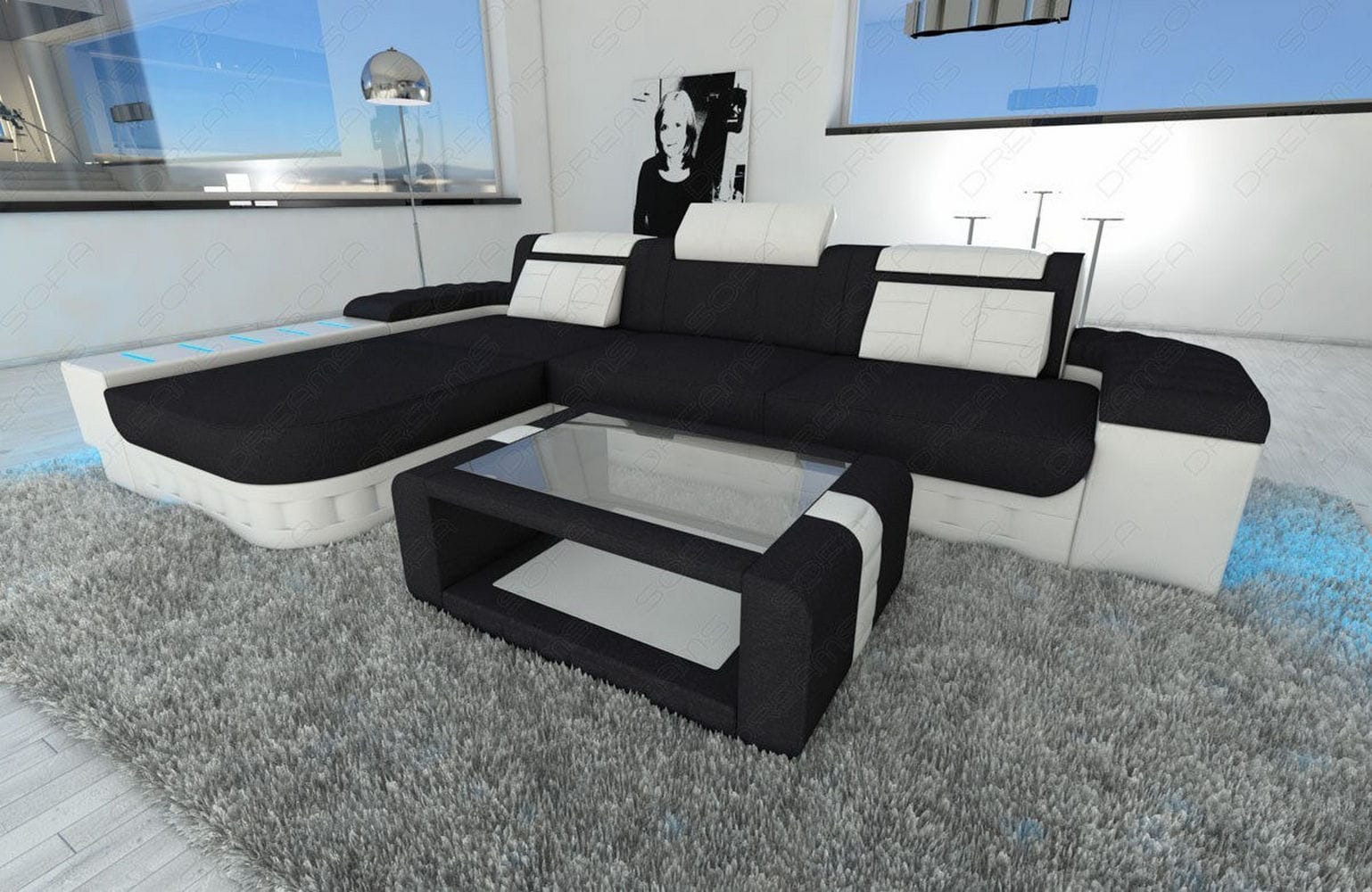 Ecksofa Bellagio L Form aus Stoff schwarz-weiß