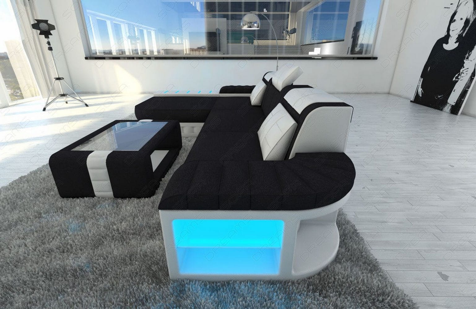 Ecksofa Bellagio L Form aus Stoff schwarz-weiß