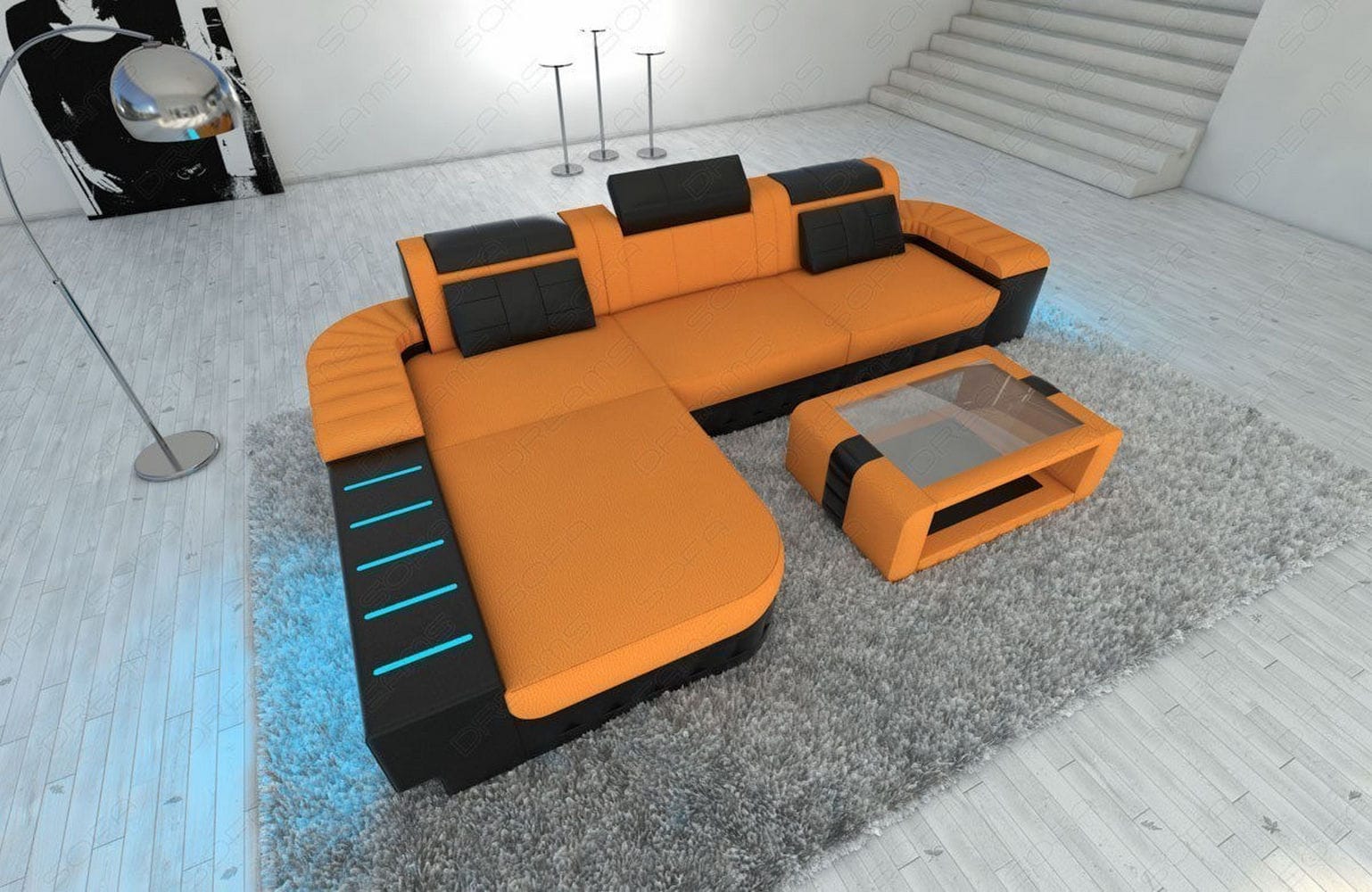Leder-Stoff Couch Bellagio L-Form mit LED Apricot-Schwarz