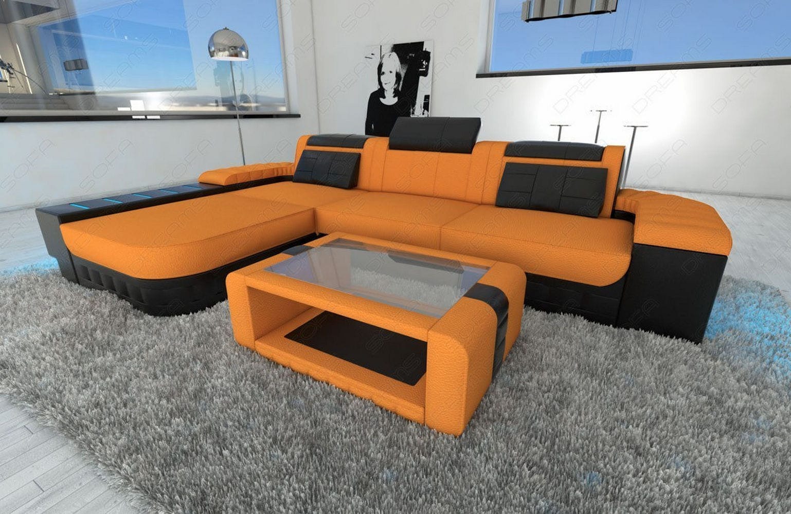 Leder-Stoff Couch Bellagio L-Form mit LED Apricot-Schwarz
