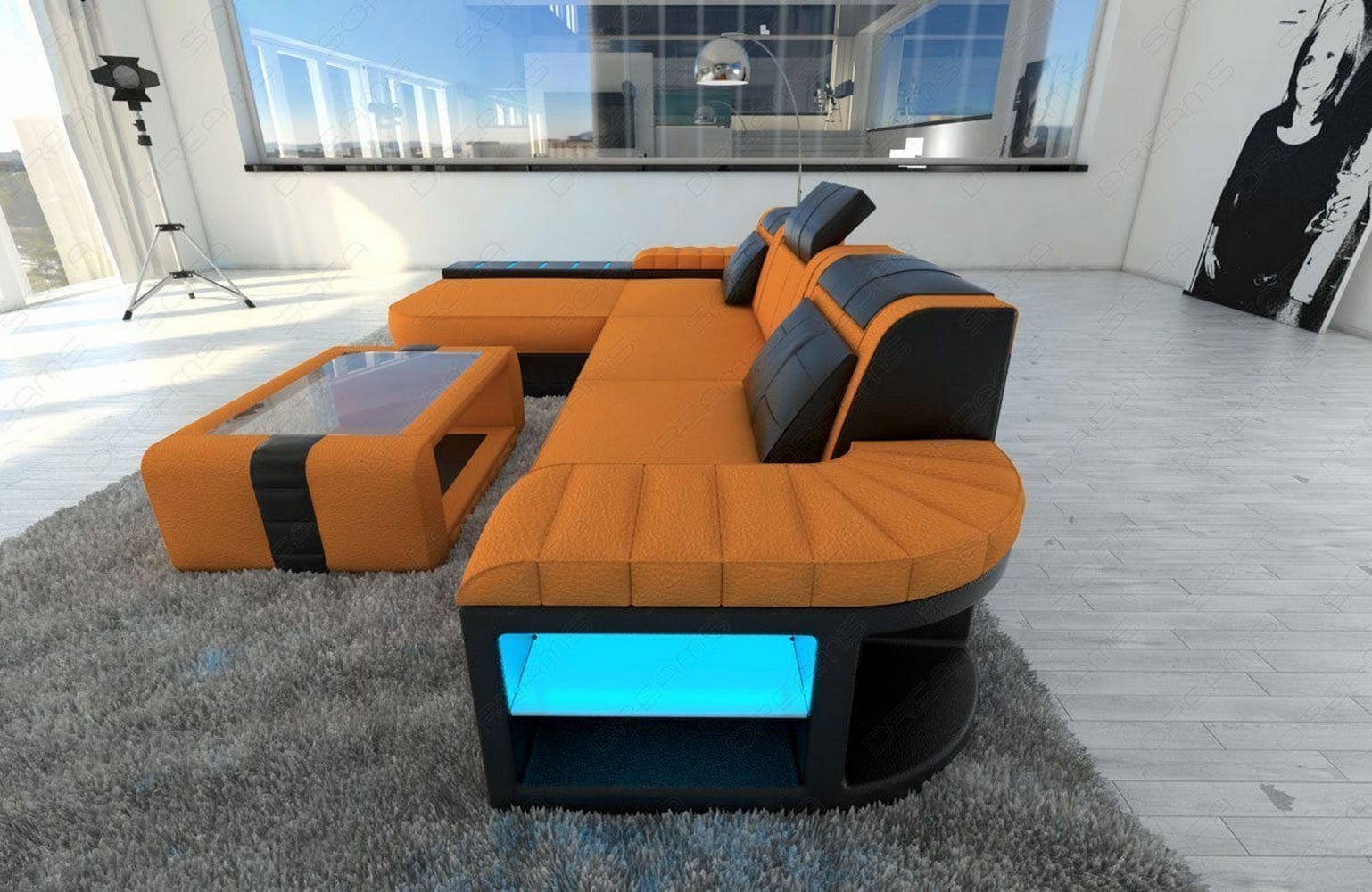 Leder-Stoff Couch Bellagio L-Form mit LED Apricot-Schwarz