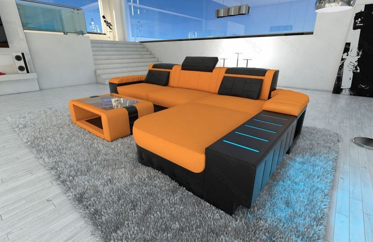 Leder-Stoff Couch Bellagio L-Form mit LED Apricot-Schwarz