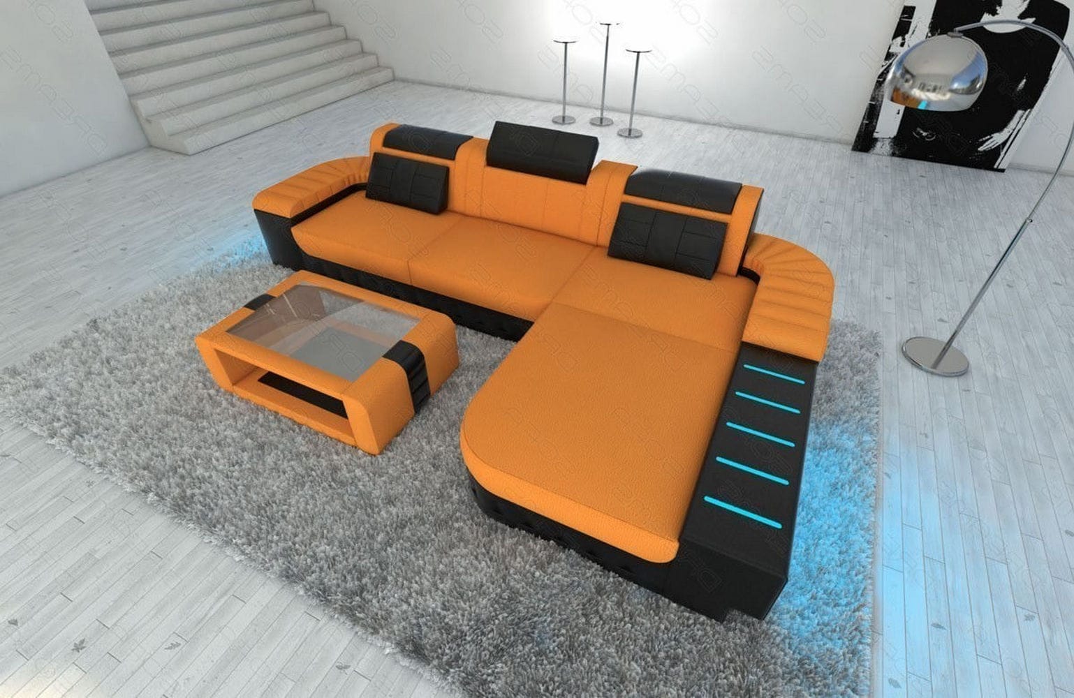 Leder-Stoff Couch Bellagio L-Form mit LED Apricot-Schwarz