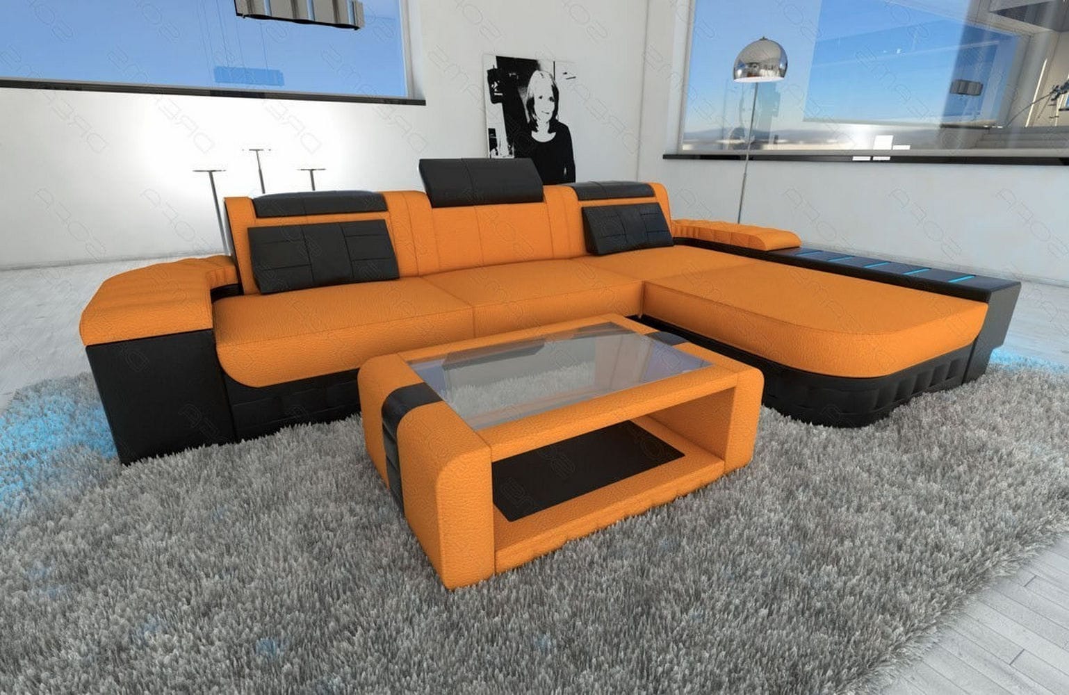 Leder-Stoff Couch Bellagio L-Form mit LED Apricot-Schwarz
