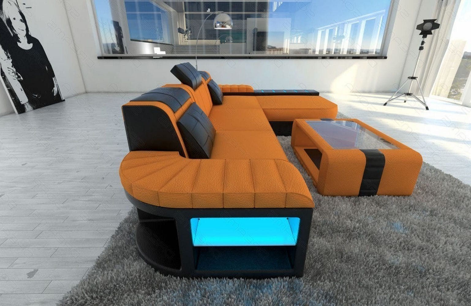 Leder-Stoff Couch Bellagio L-Form mit LED Apricot-Schwarz