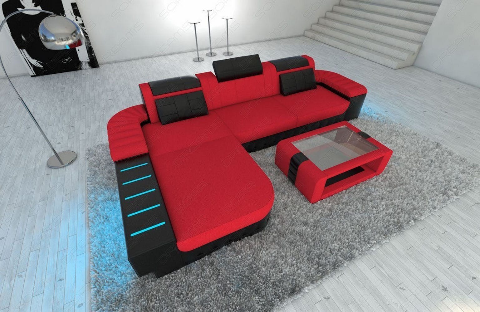 Ecksofa Bellagio L-Form aus Stoff Rot-Schwarz