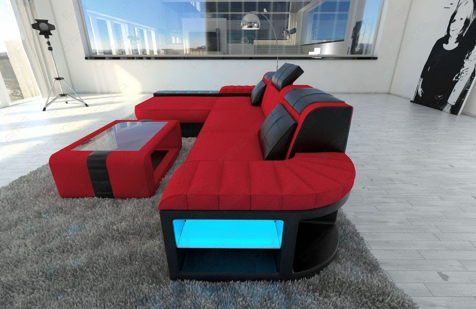 Ecksofa Bellagio L-Form aus Stoff Rot-Schwarz
