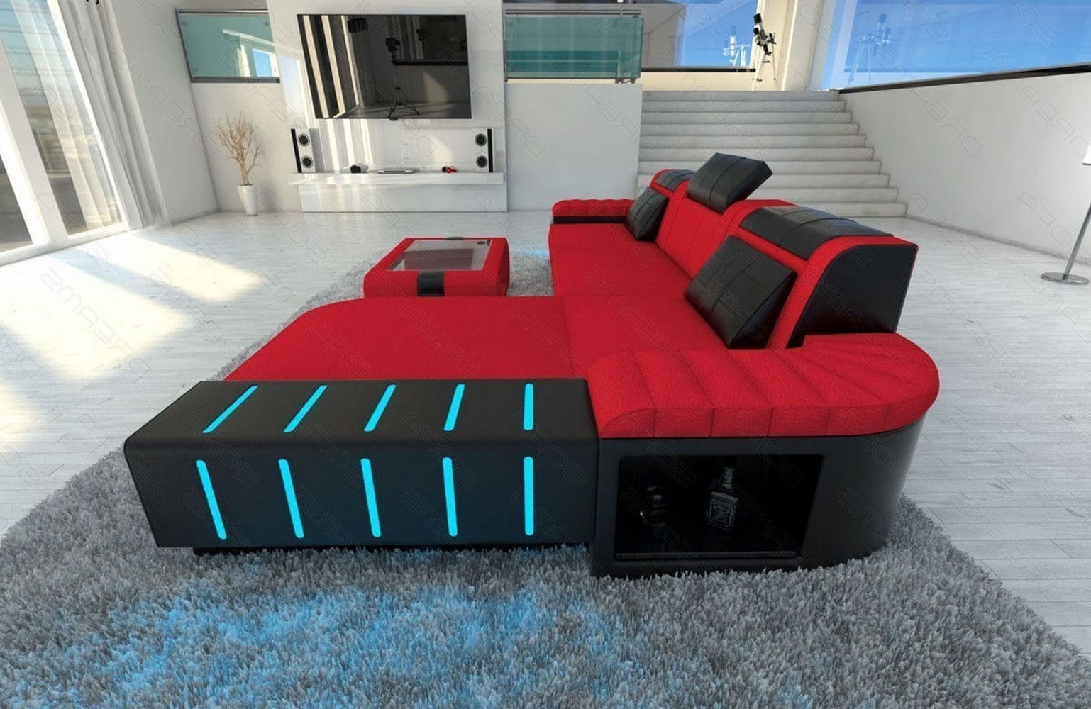 Leder-Stoff Couch Bellagio L-Form mit LED Rot-Schwarz