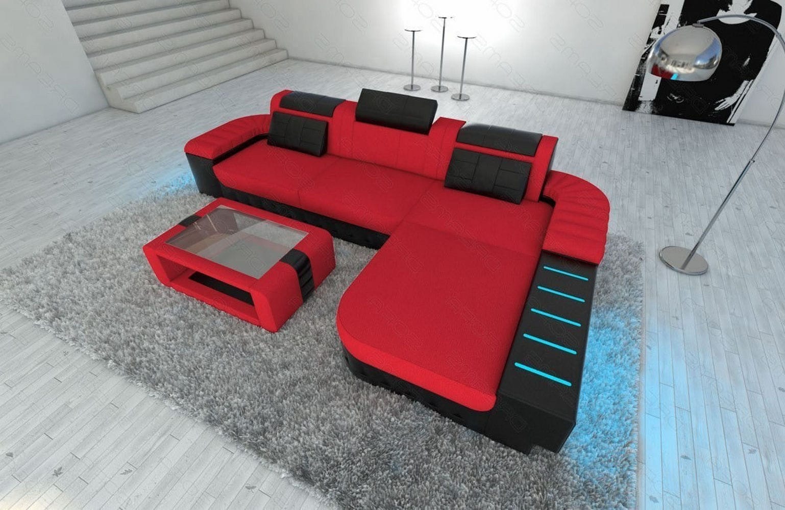 Leder-Stoff Couch Bellagio L-Form mit LED Rot-Schwarz