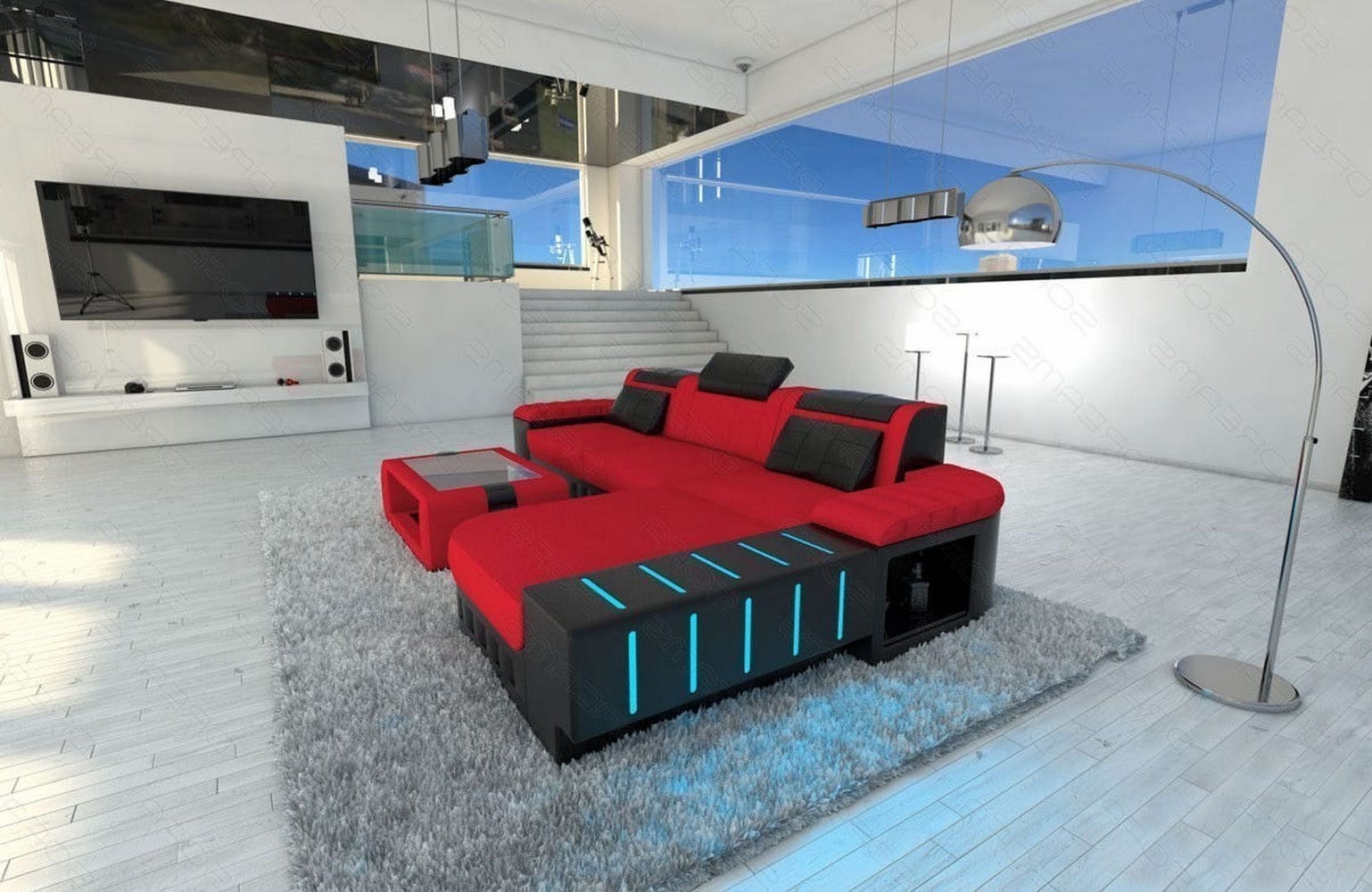 Leder-Stoff Couch Bellagio L-Form mit LED Rot-Schwarz