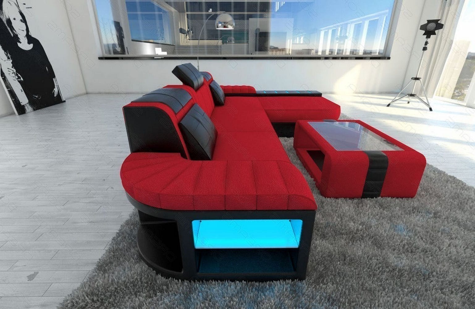 Leder-Stoff Couch Bellagio L-Form mit LED Rot-Schwarz