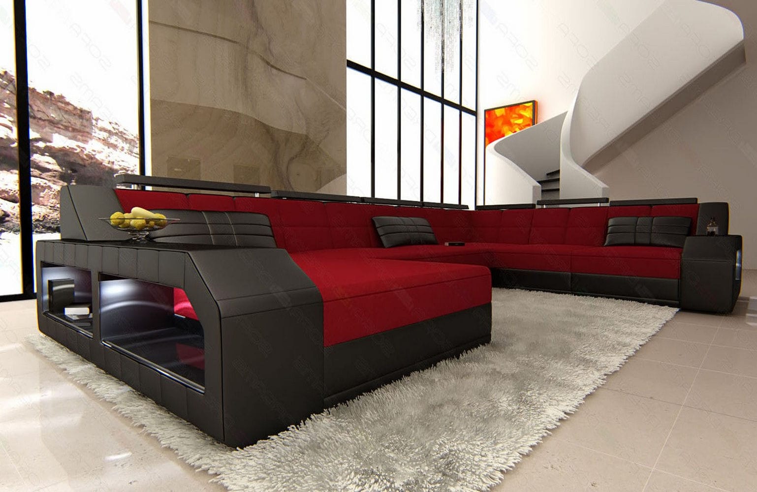 XXL Stoff Wohnlandschaft Matera U-Form Rot-Schwarz