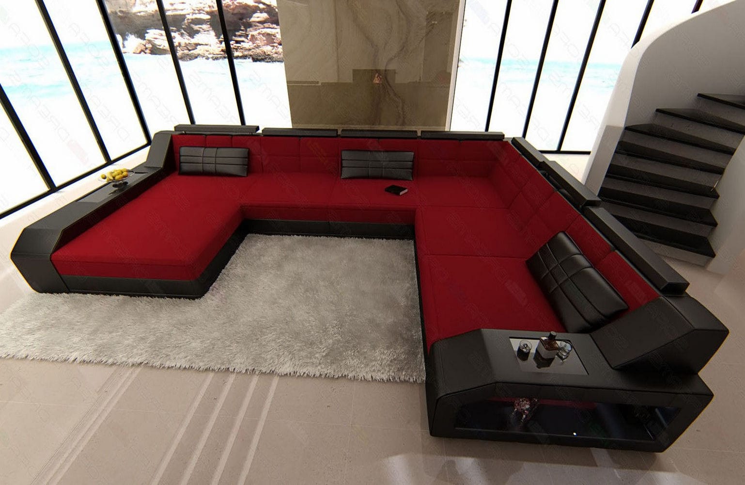 XXL Stoff Wohnlandschaft Matera U-Form Rot-Schwarz