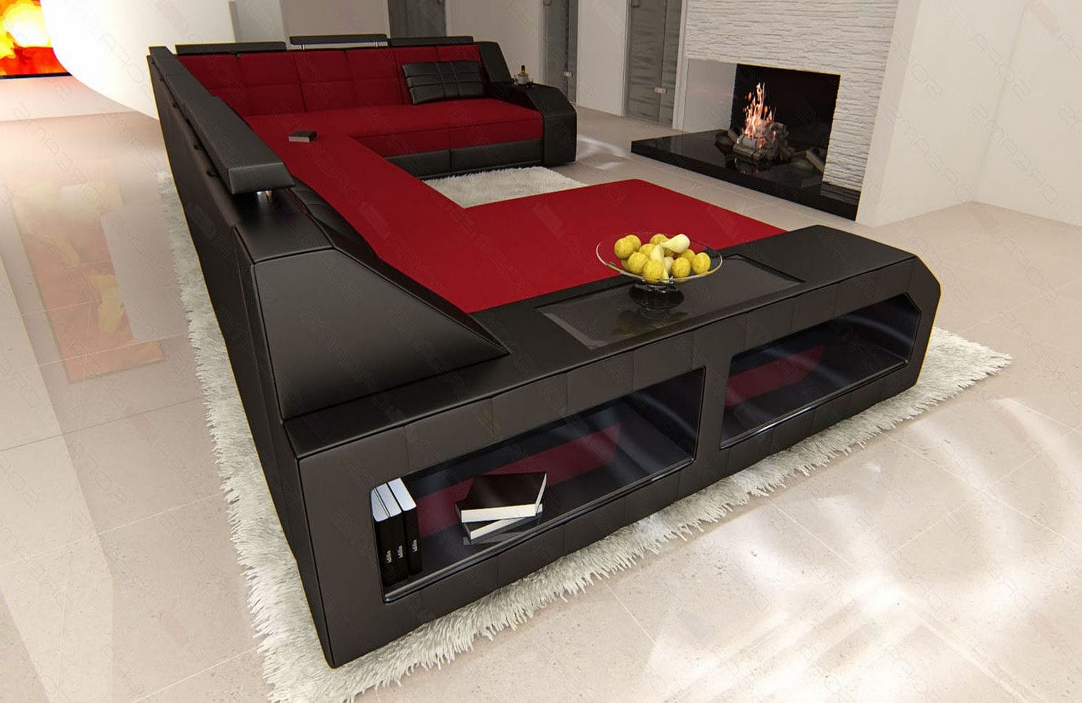 XXL Stoff Wohnlandschaft Matera U-Form Rot-Schwarz