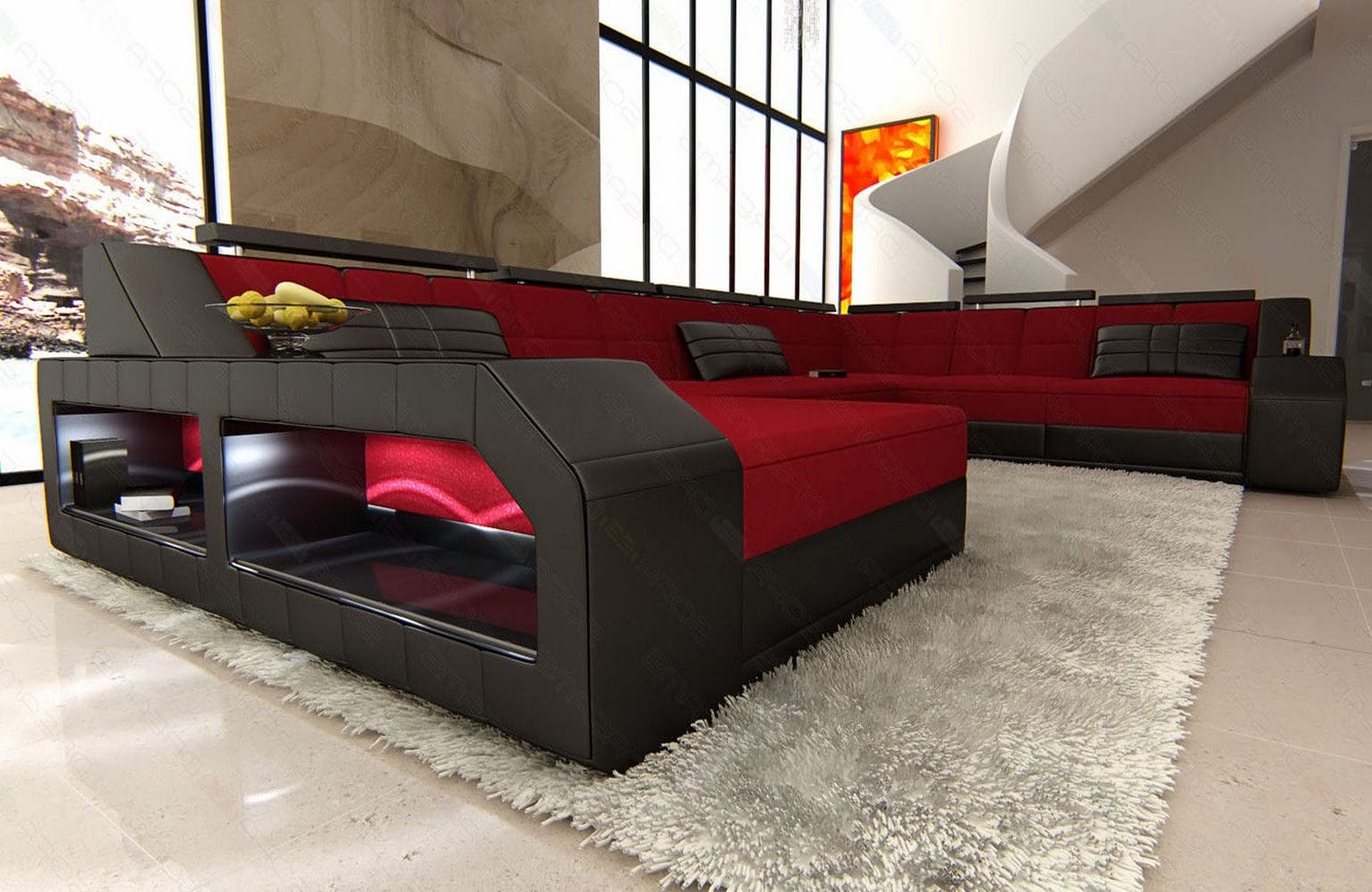 XXL Stoff Wohnlandschaft Matera U-Form Rot-Schwarz