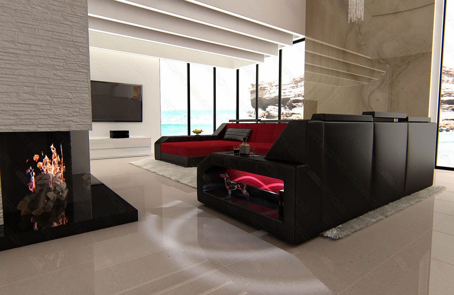 XXL Stoff Wohnlandschaft Matera U-Form Rot-Schwarz