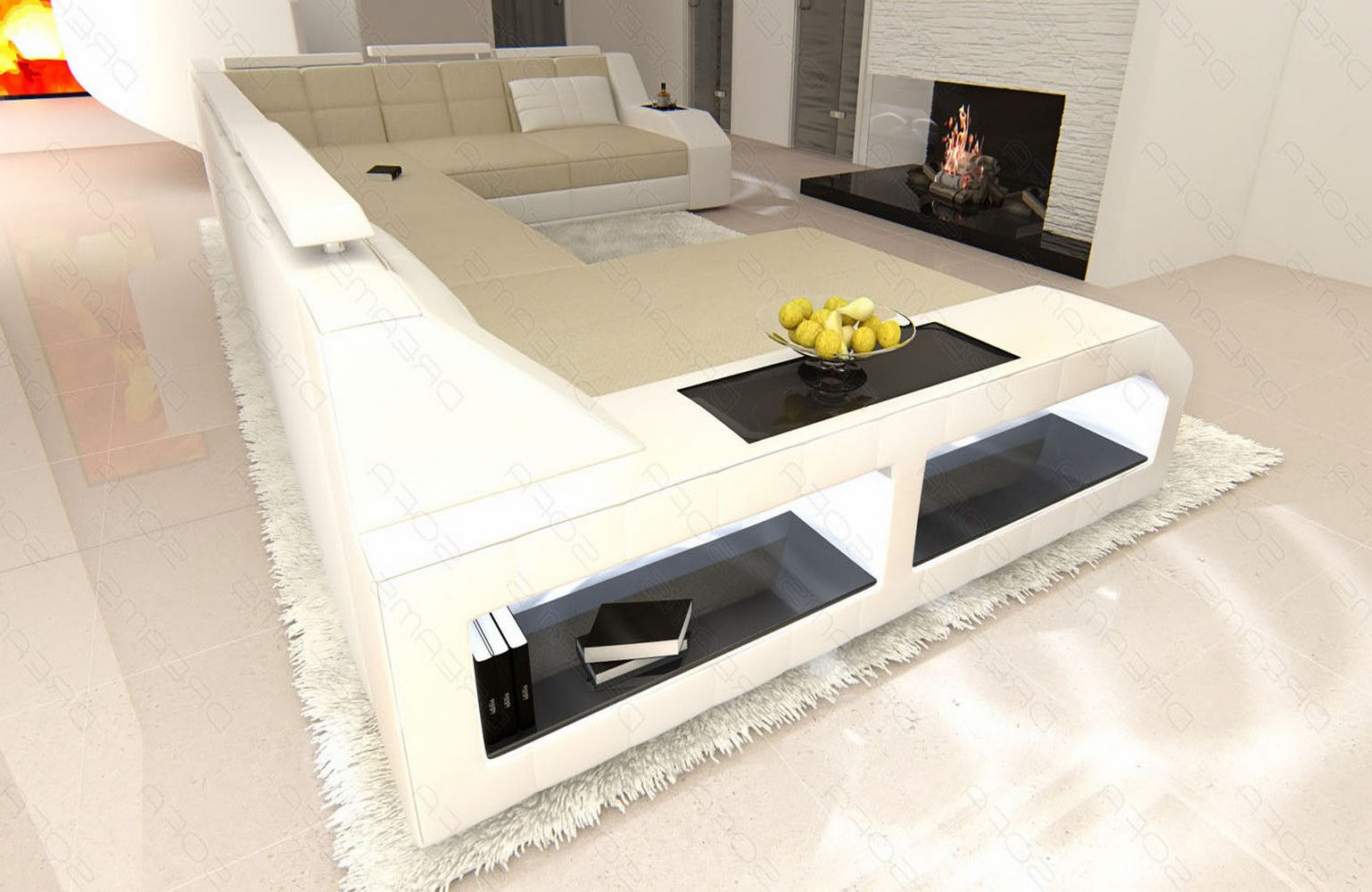 Stoff Wohnlandschaft Matera XXL Materialmix Elfenbein-Weiß