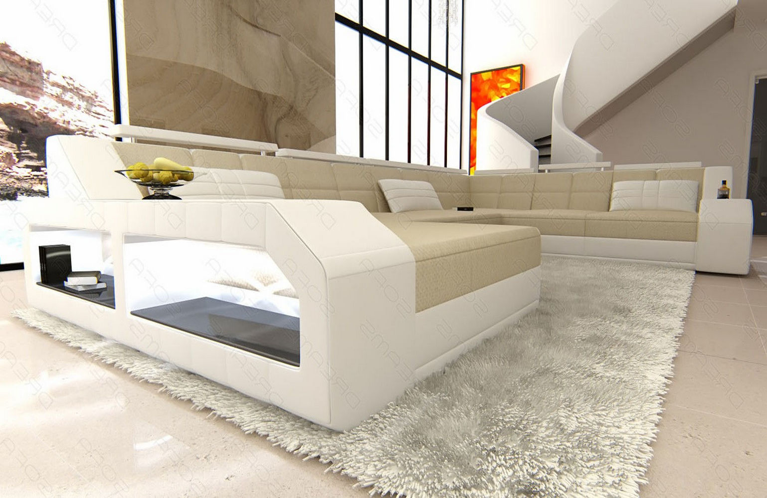 Stoff Wohnlandschaft Matera XXL Materialmix Elfenbein-Weiß