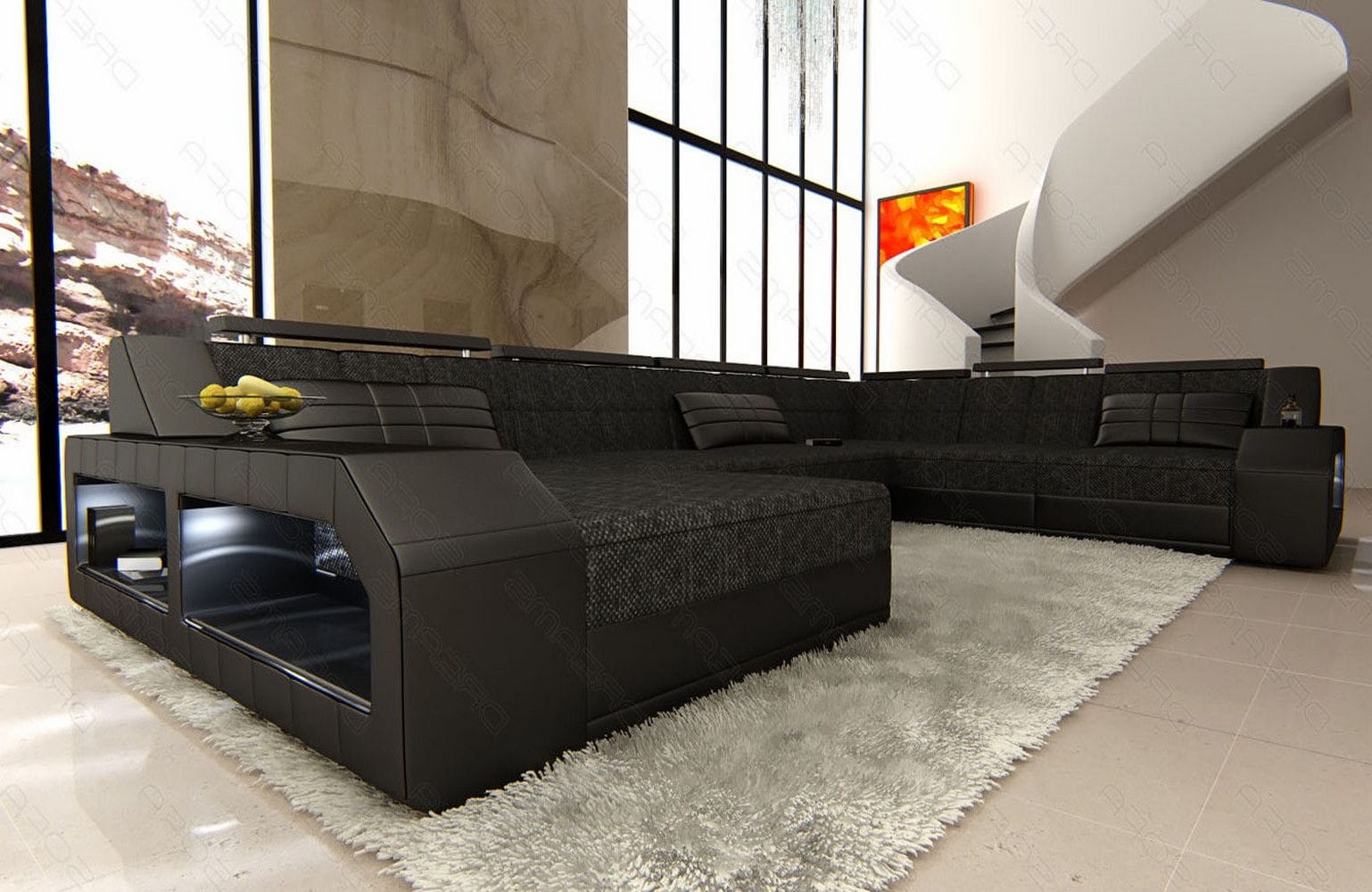 XXL Stoff Wohnlandschaft Matera U-Form Schwarzgrau-Schwarz