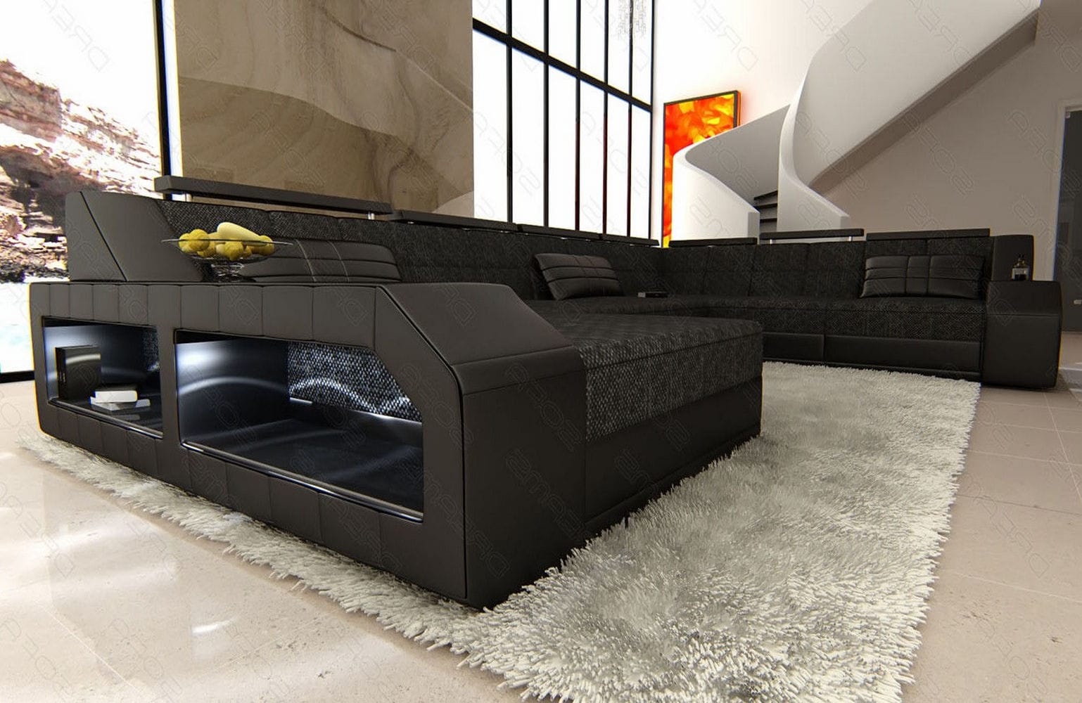 XXL Stoff Wohnlandschaft Matera U-Form Schwarzgrau-Schwarz