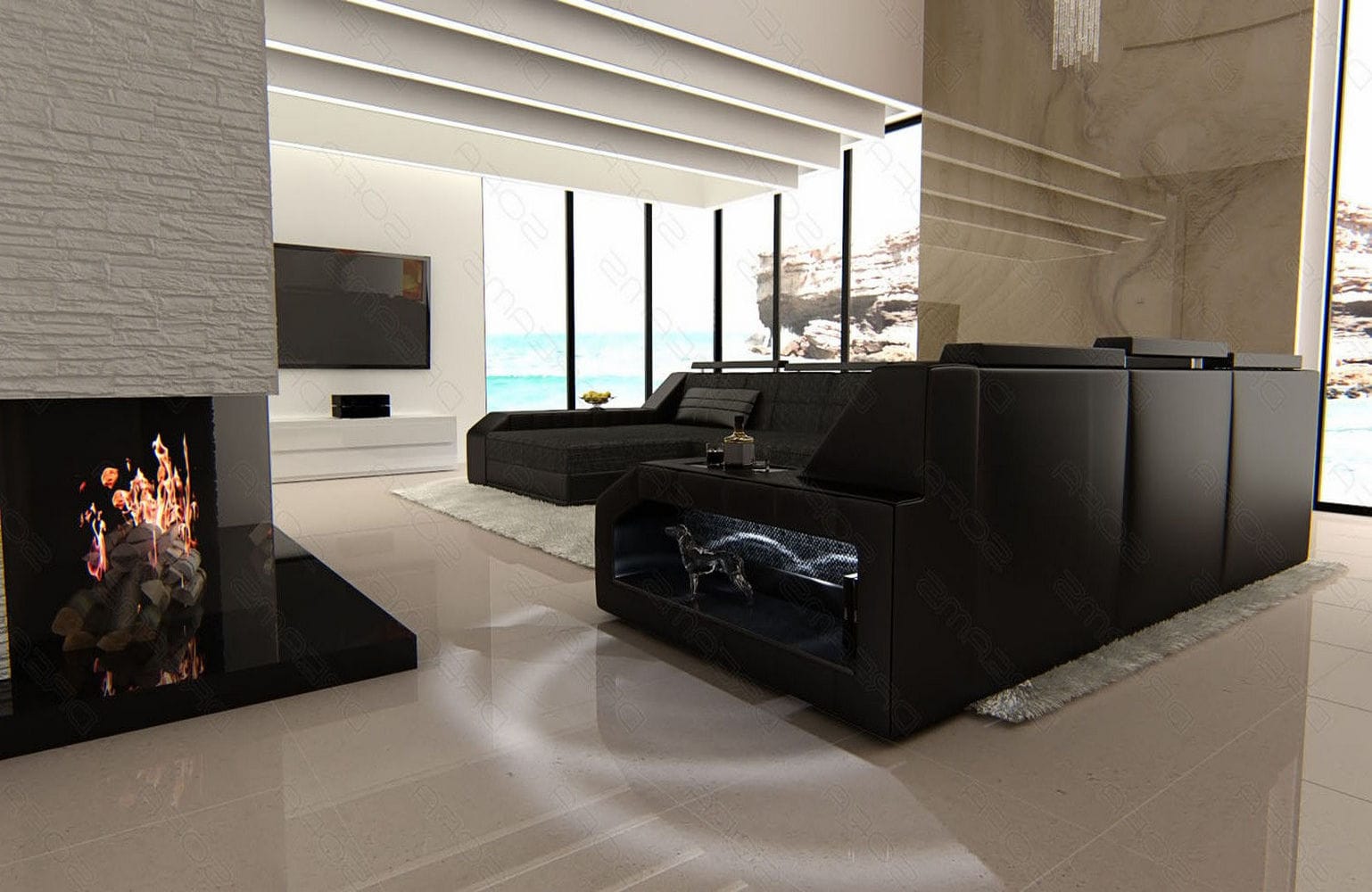 XXL Stoff Wohnlandschaft Matera U-Form Schwarzgrau-Schwarz