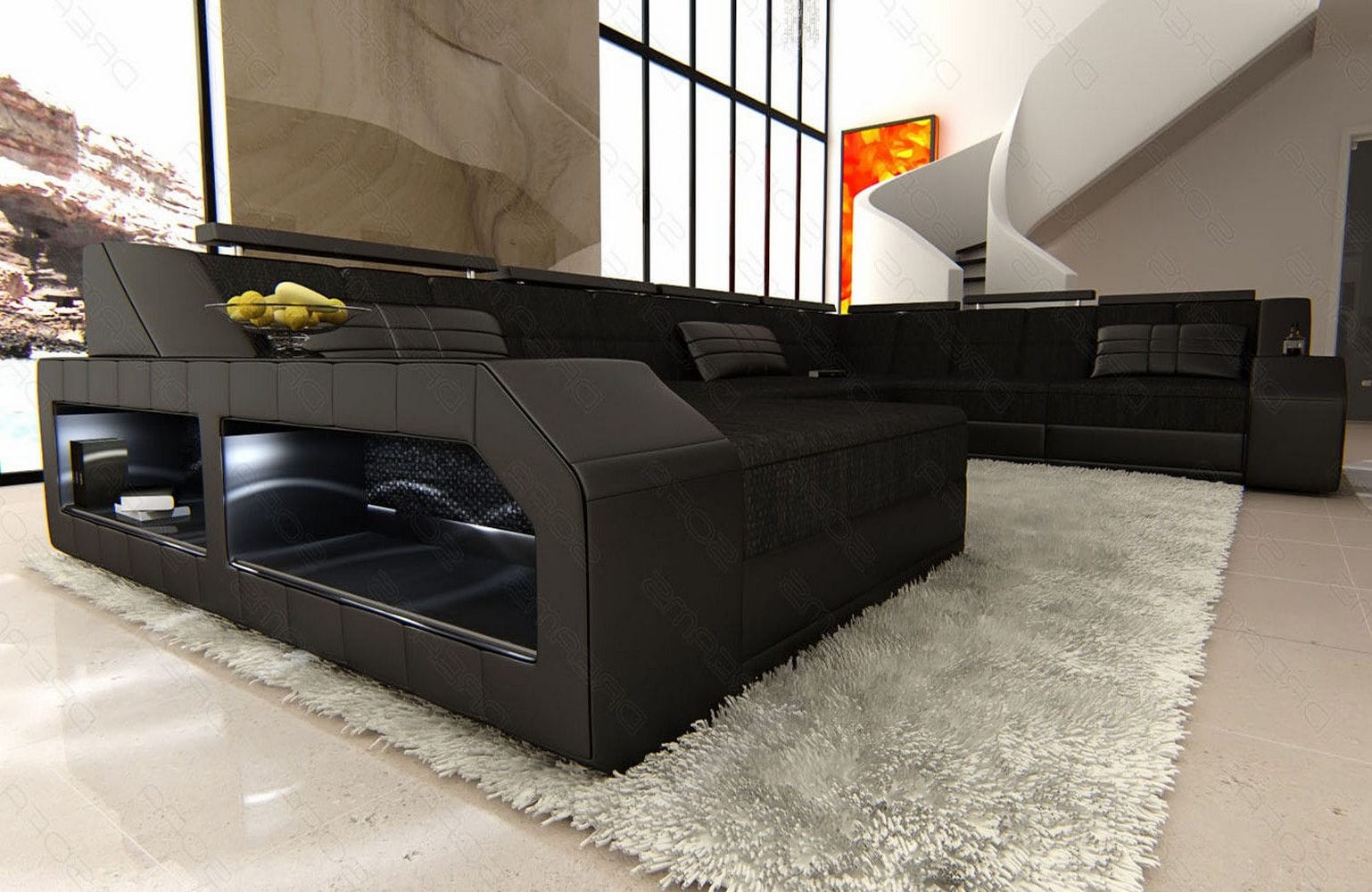 XXL Stoff Wohnlandschaft Matera U-Form Schwarz-Schwarz