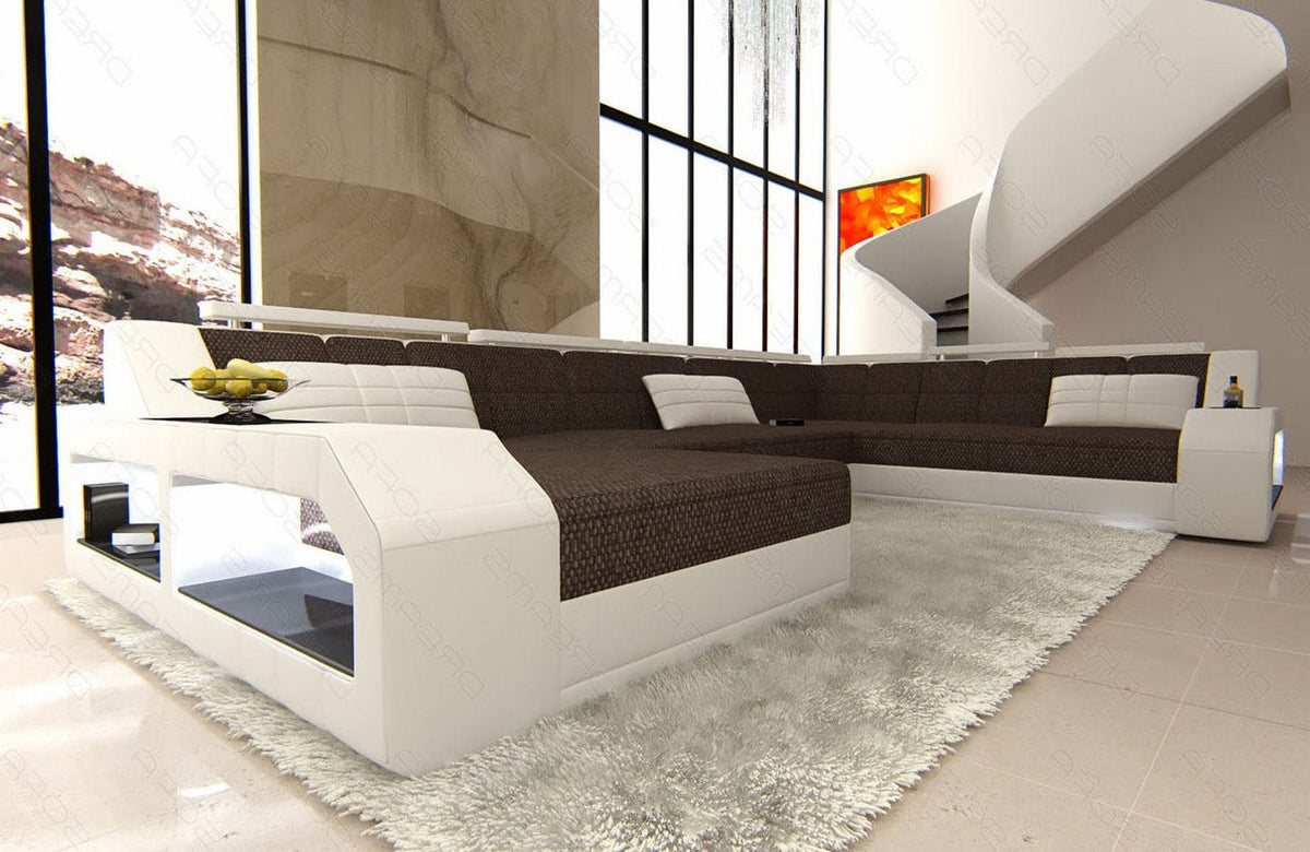 XXL Stoff Wohnlandschaft Matera U-Form Graubraun-Weiß