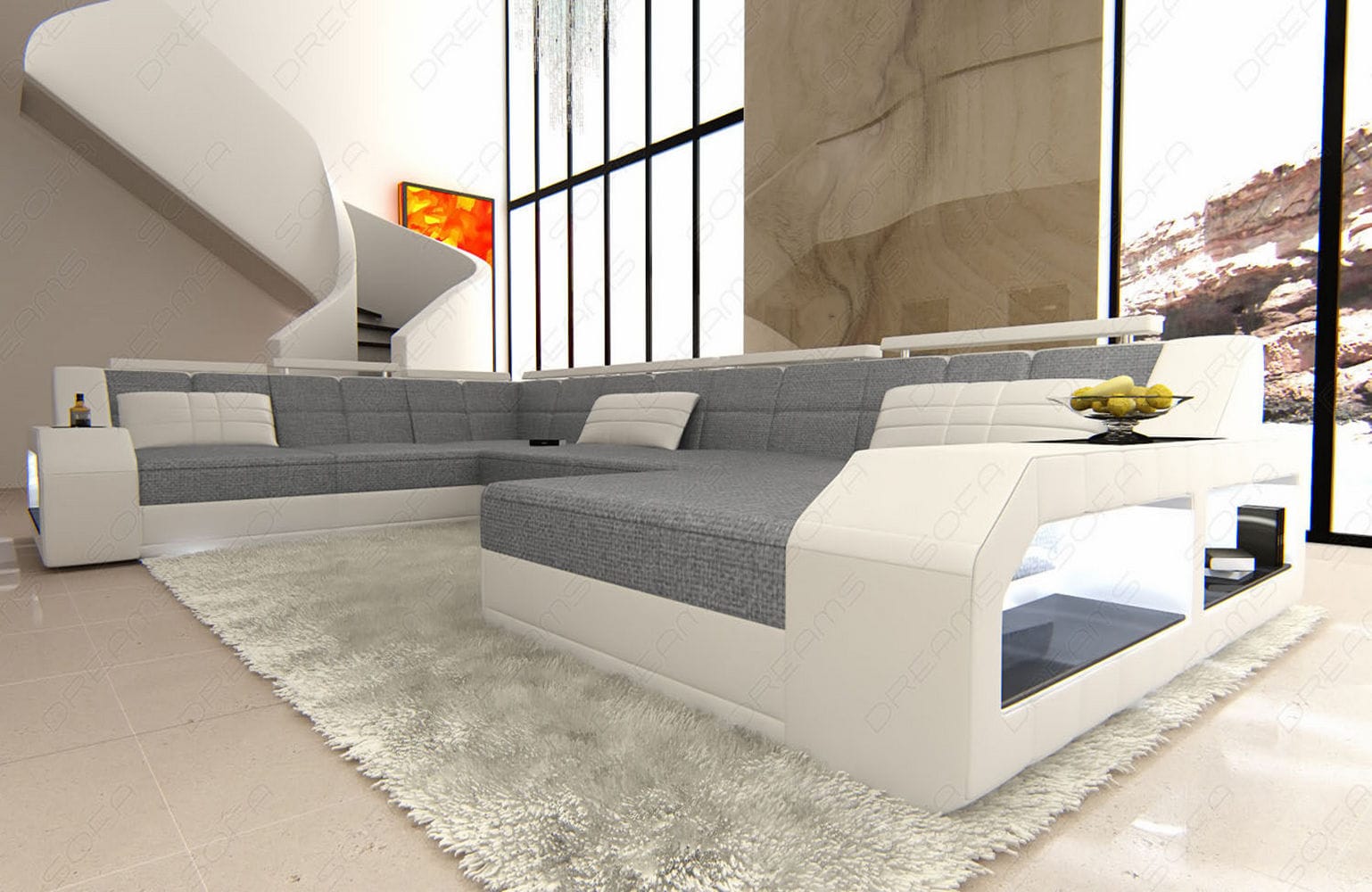 Stoff Wohnlandschaft Matera XXL Materialmix Grau-Weiß