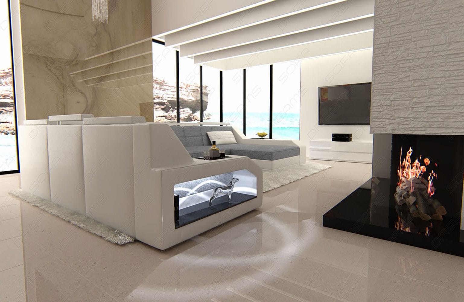 Stoff Wohnlandschaft Matera XXL Materialmix Grau-Weiß