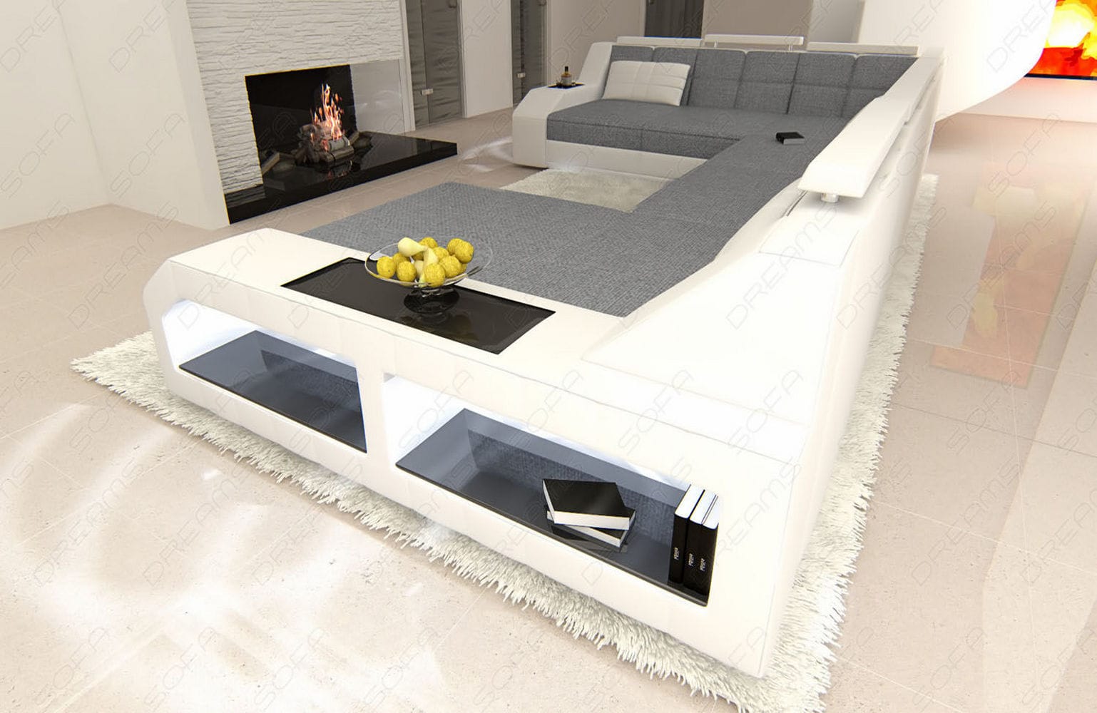 Stoff Wohnlandschaft Matera XXL Materialmix Grau-Weiß