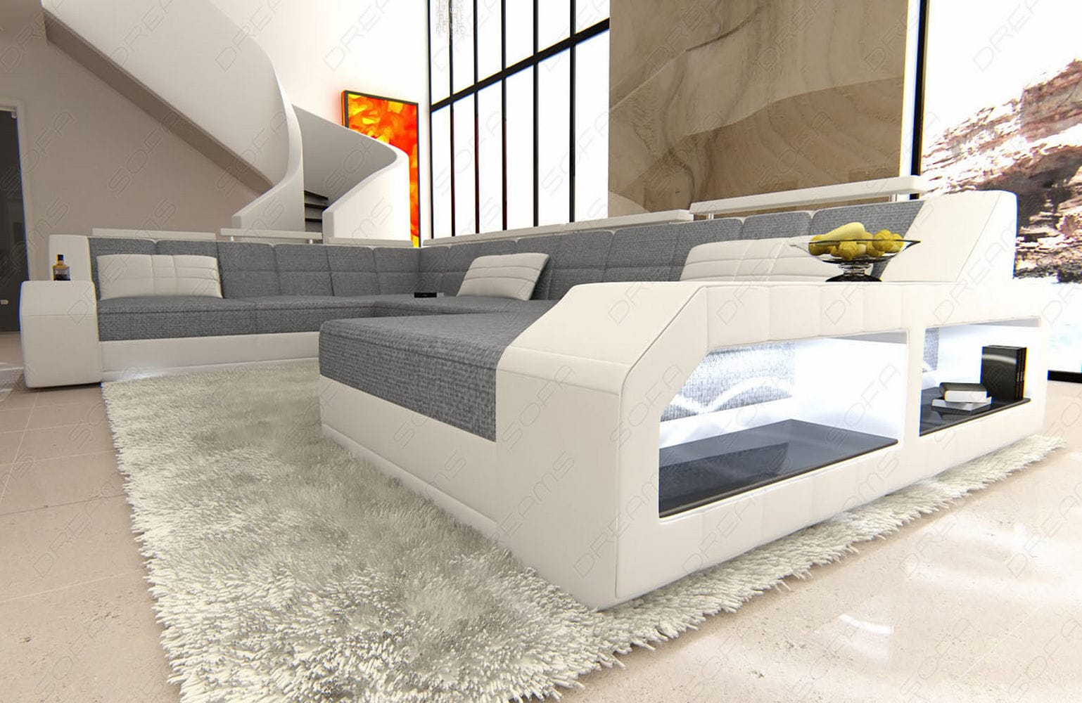 Stoff Wohnlandschaft Matera XXL Materialmix Grau-Weiß