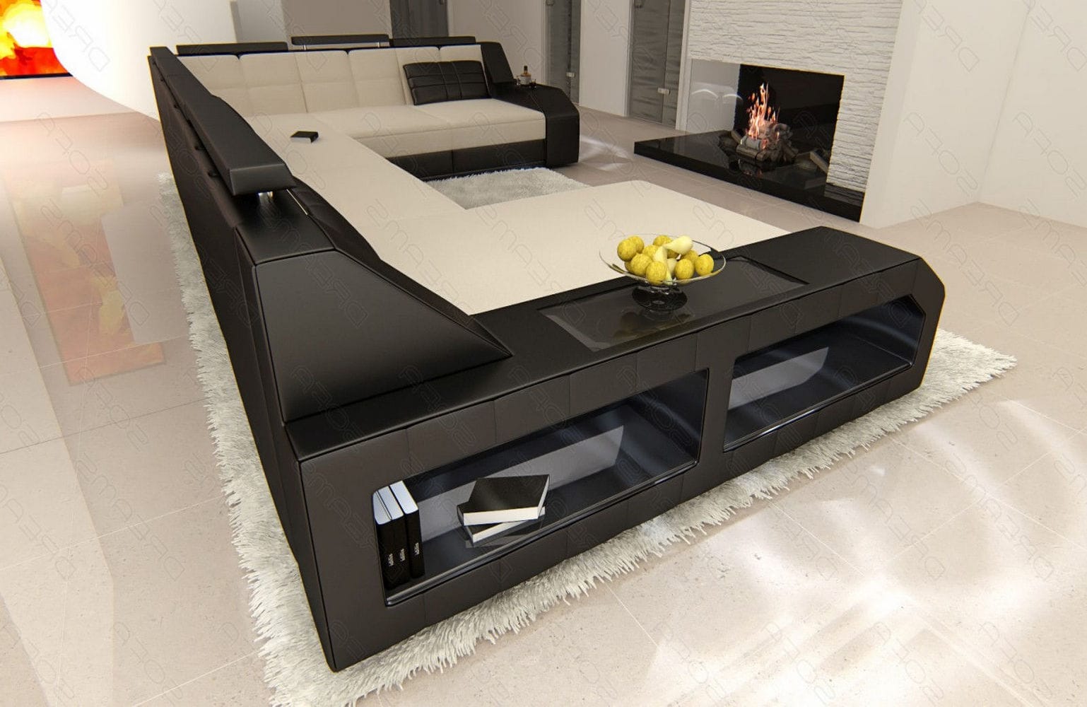 XXL Stoff Wohnlandschaft Matera U-Form elfenbein-schwarz