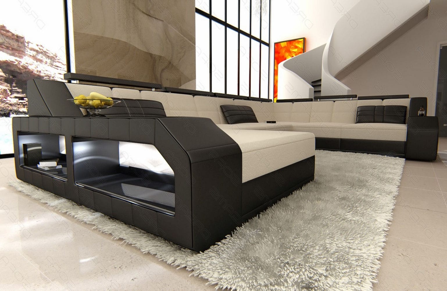 XXL Stoff Wohnlandschaft Matera U-Form elfenbein-schwarz