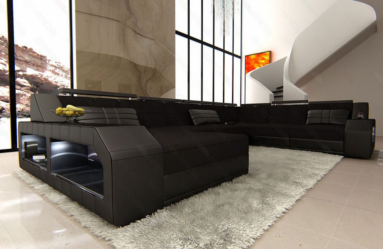 XXL Stoff Wohnlandschaft Matera U-Form Schwarz-Schwarz