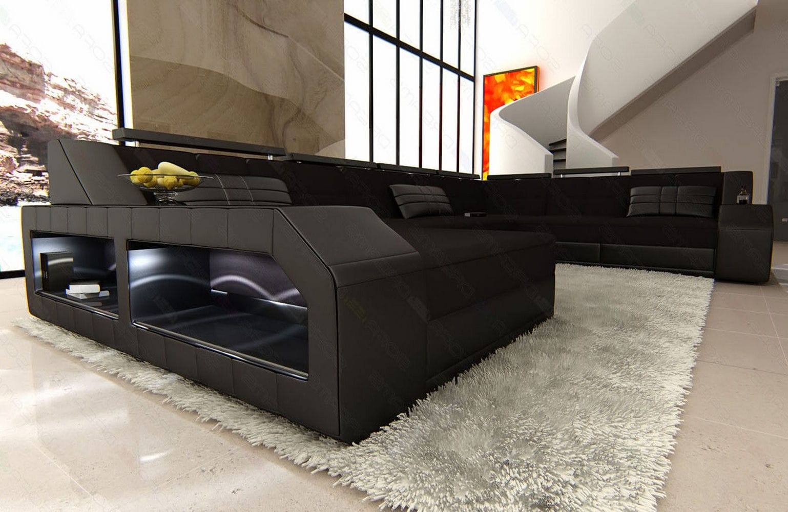 XXL Stoff Wohnlandschaft Matera U-Form Schwarz-Schwarz
