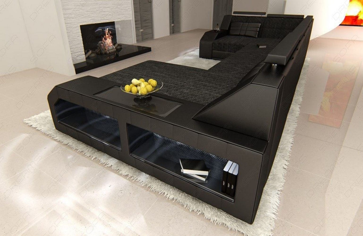Polster-Wohnlandschaft Arezzo U-Form mit LED Schwarzgrau-Schwarz