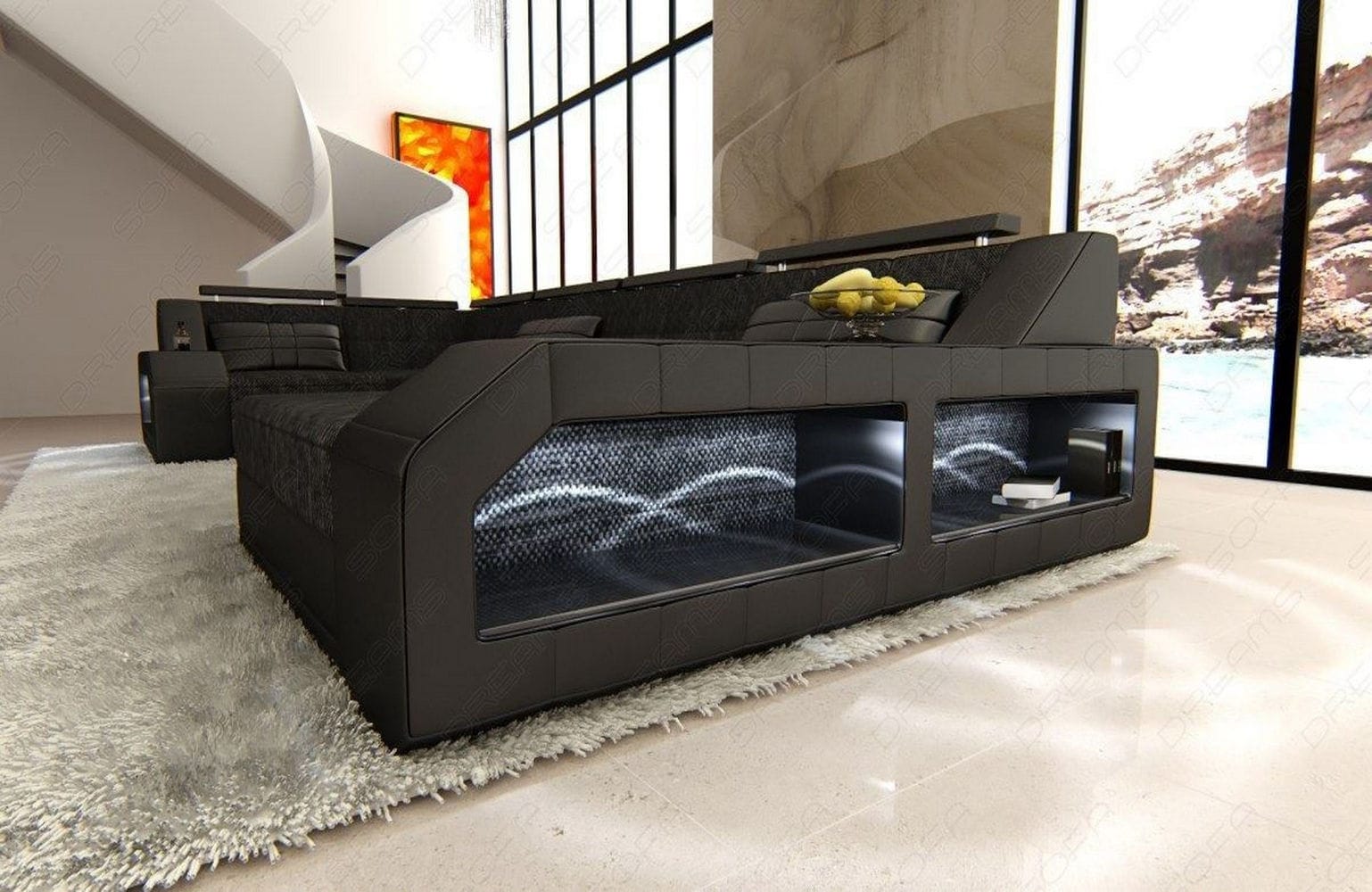 Polster-Wohnlandschaft Arezzo U-Form mit LED Schwarzgrau-Schwarz