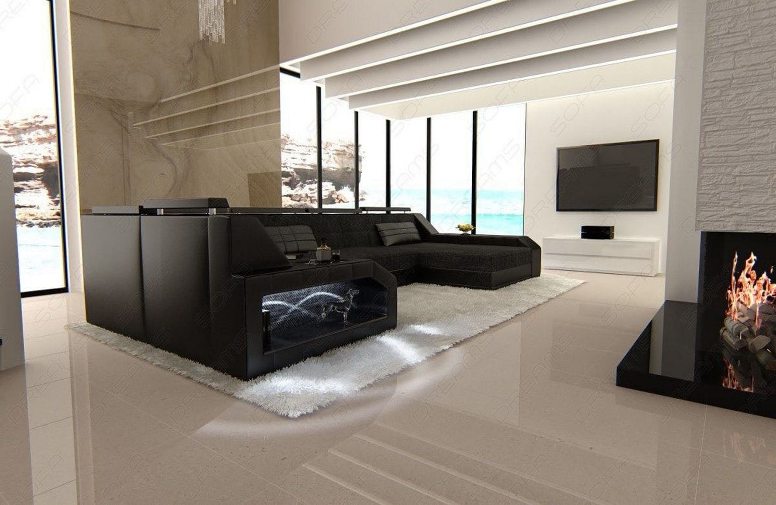 Polster-Wohnlandschaft Arezzo U-Form mit LED Schwarzgrau-Schwarz