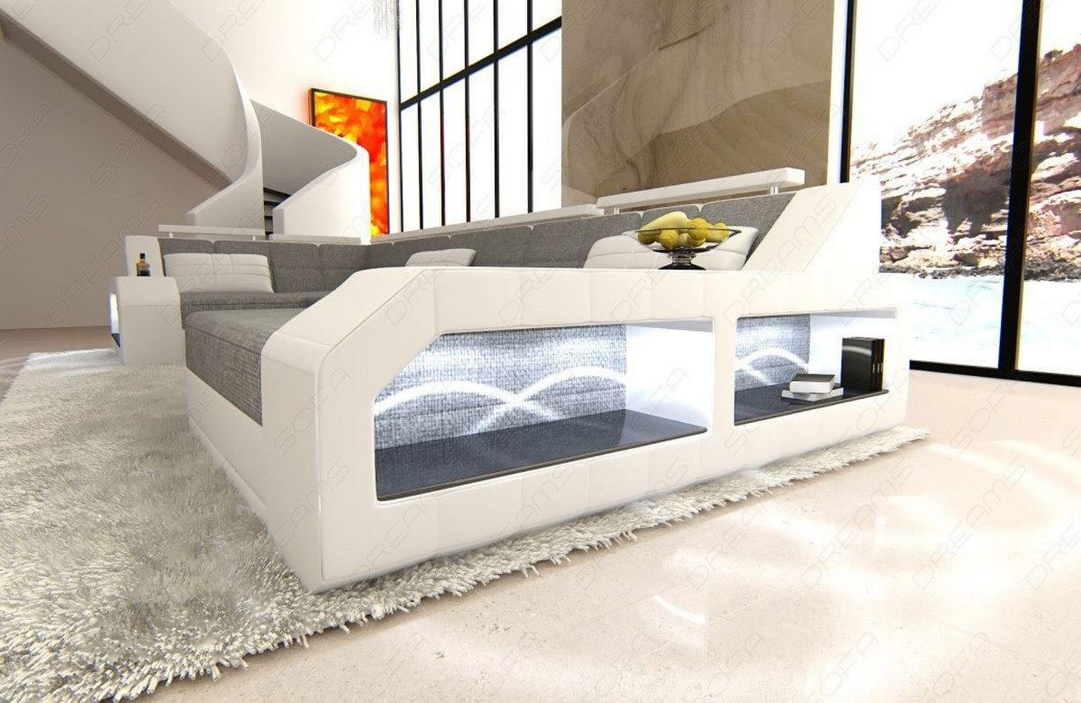 Polster-Wohnlandschaft Arezzo U-Form mit LED Grau-Weiß